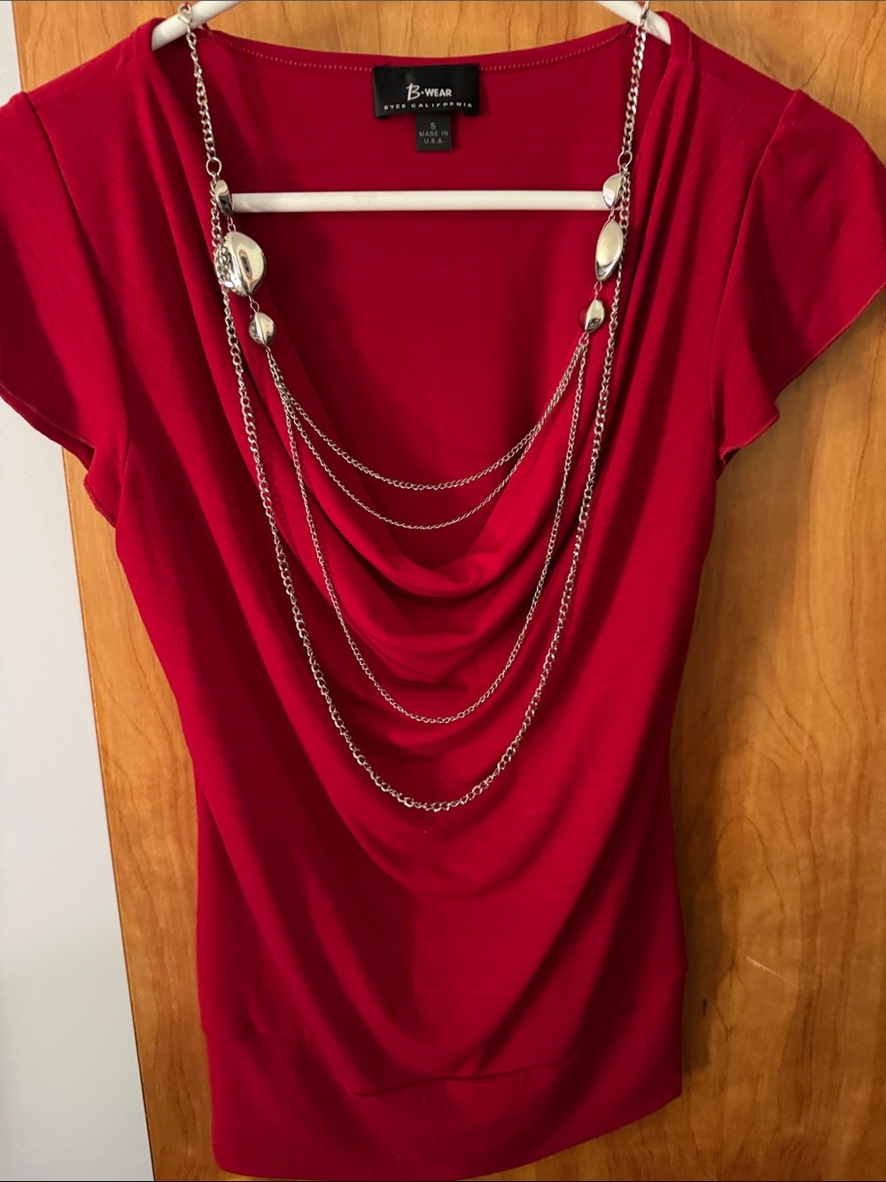 Bwear Red Short Sleeve Draped Cowl Top with Silver Chain Accent